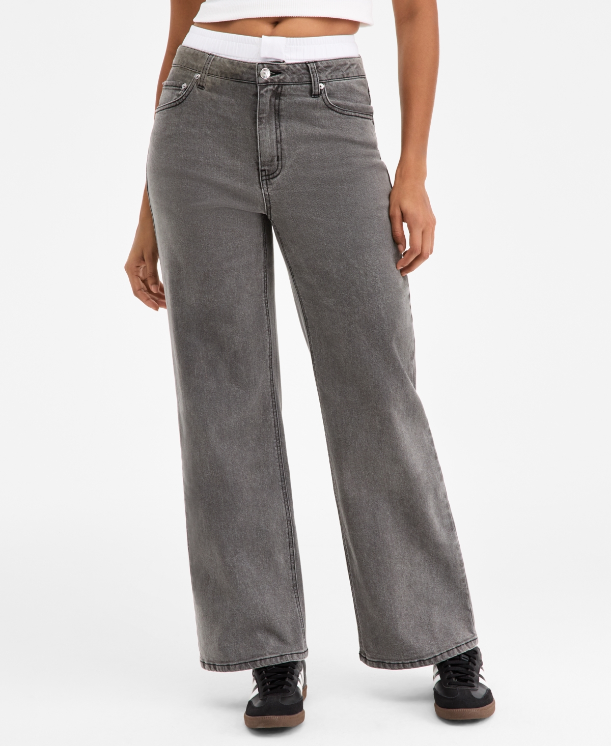 Bar Iii Women's Contrast-Waist Wide-Leg Jeans, Macy's Exclusive