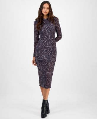 Bar III - Women's Mock Neck Printed Mesh Midi Dress