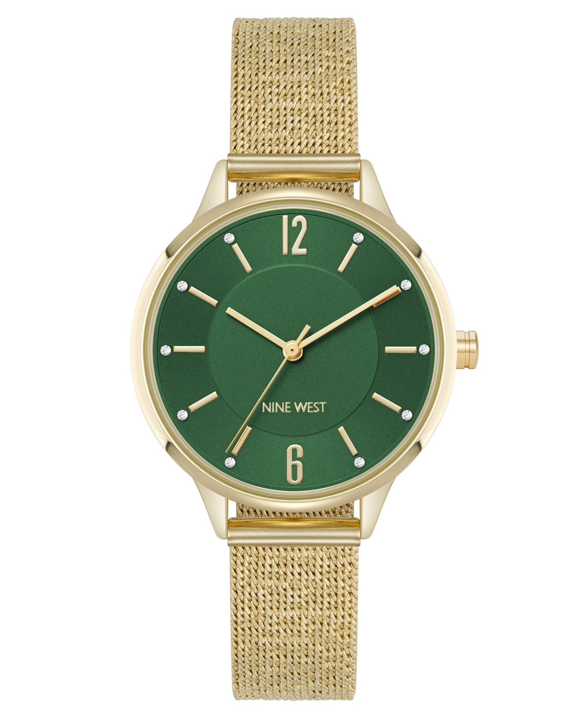 Nine West Women's Quartz Capital Green And Gold-tone Stainless Steel Mesh Watch, 34mm In Gold