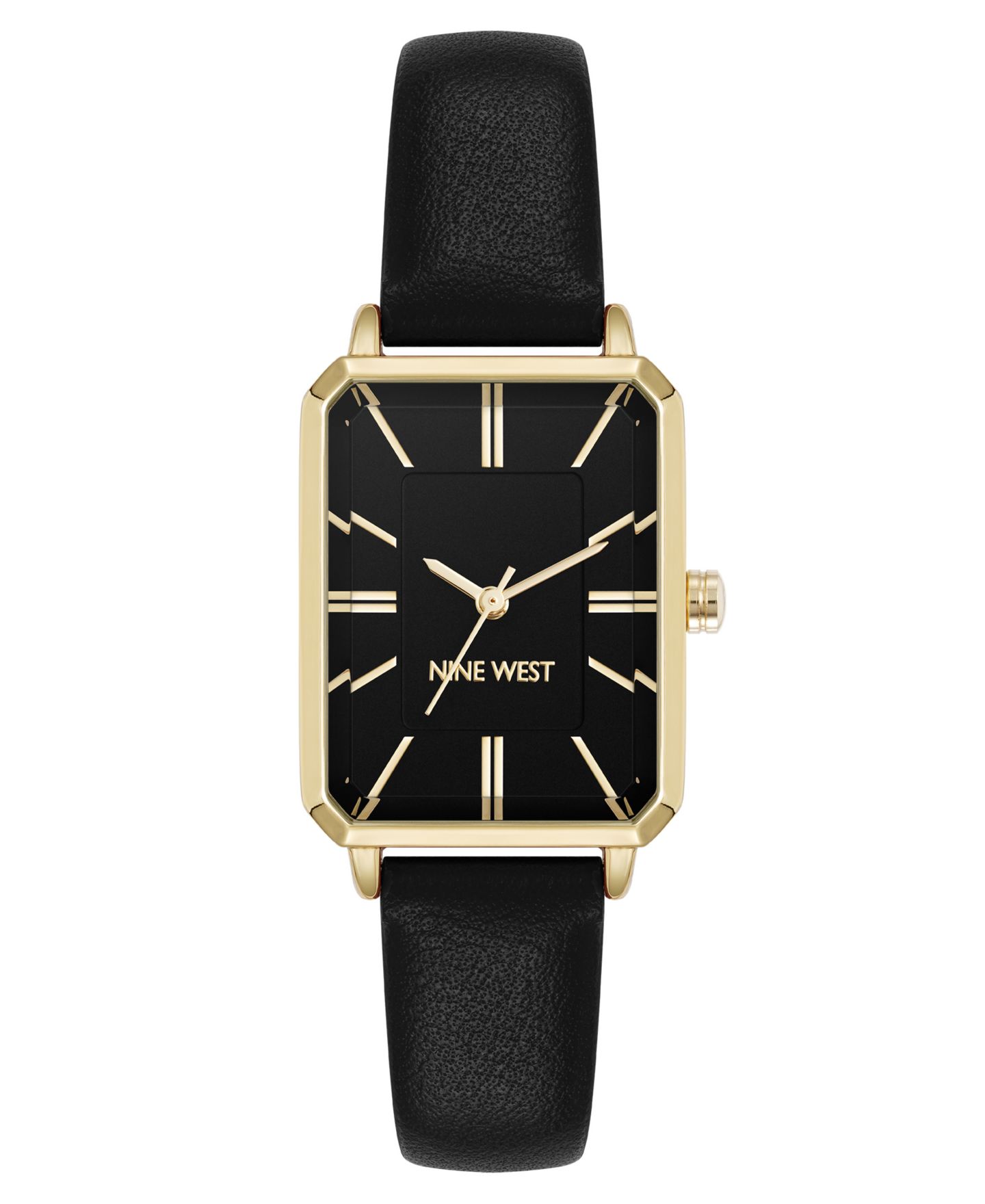 Женские часы Nine West Quartz Petite Black Leather and Gold-Tone Watch, 25mm — фото 1