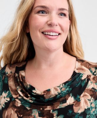 Plus Size Printed Cowlneck Blouse