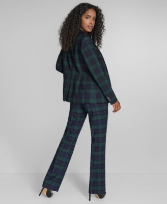Tommy Hilfiger Womens Watch Plaid Slim Fit Blazer Bootcut Trousers Pleated Long Sleeve Button Down In Green