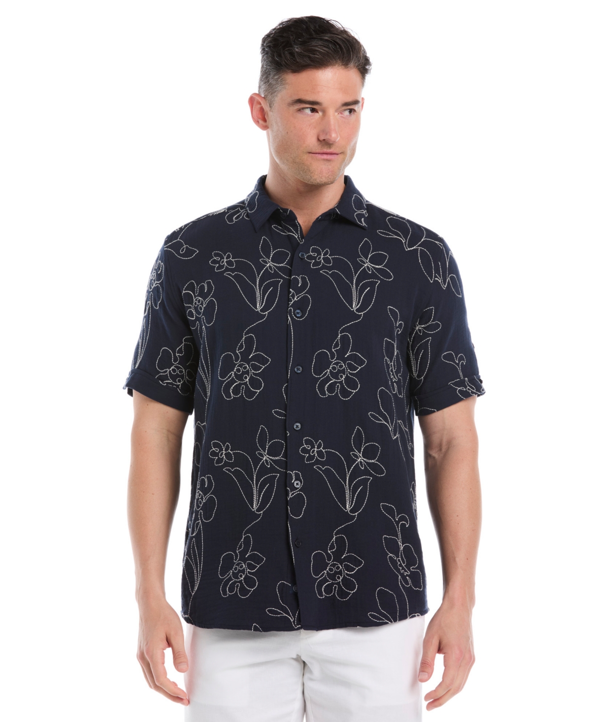 Cubavera Men's Embroidered Short Sleeve Button Down Shirt In Blue
