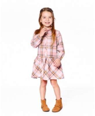 Big Girls Shirt Plaid Dress with Frill Pink, Yellow and Gray