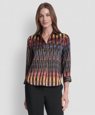 Women's Printed Satin Long Sleeve V-Neck Blouse