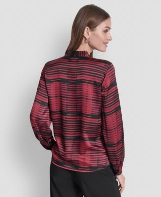 Women's Printed Satin with Covered Placket and Tie Neck Blouse