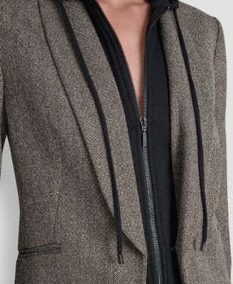 Women's Herringbone Pattern Blazer with Fleece Hoodie