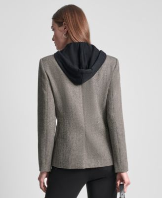 Women's Herringbone Pattern Blazer with Fleece Hoodie