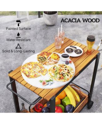 Acacia Wood Outdoor Bar Cart, 2-Tier Outdoor Serving Cart,