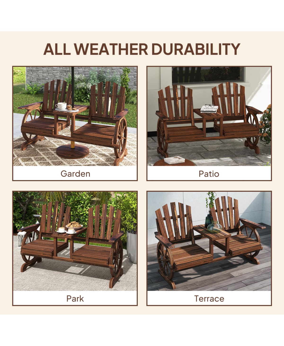 Outsunny Wooden Garden Bench with Table, 2-Seat Outdoor