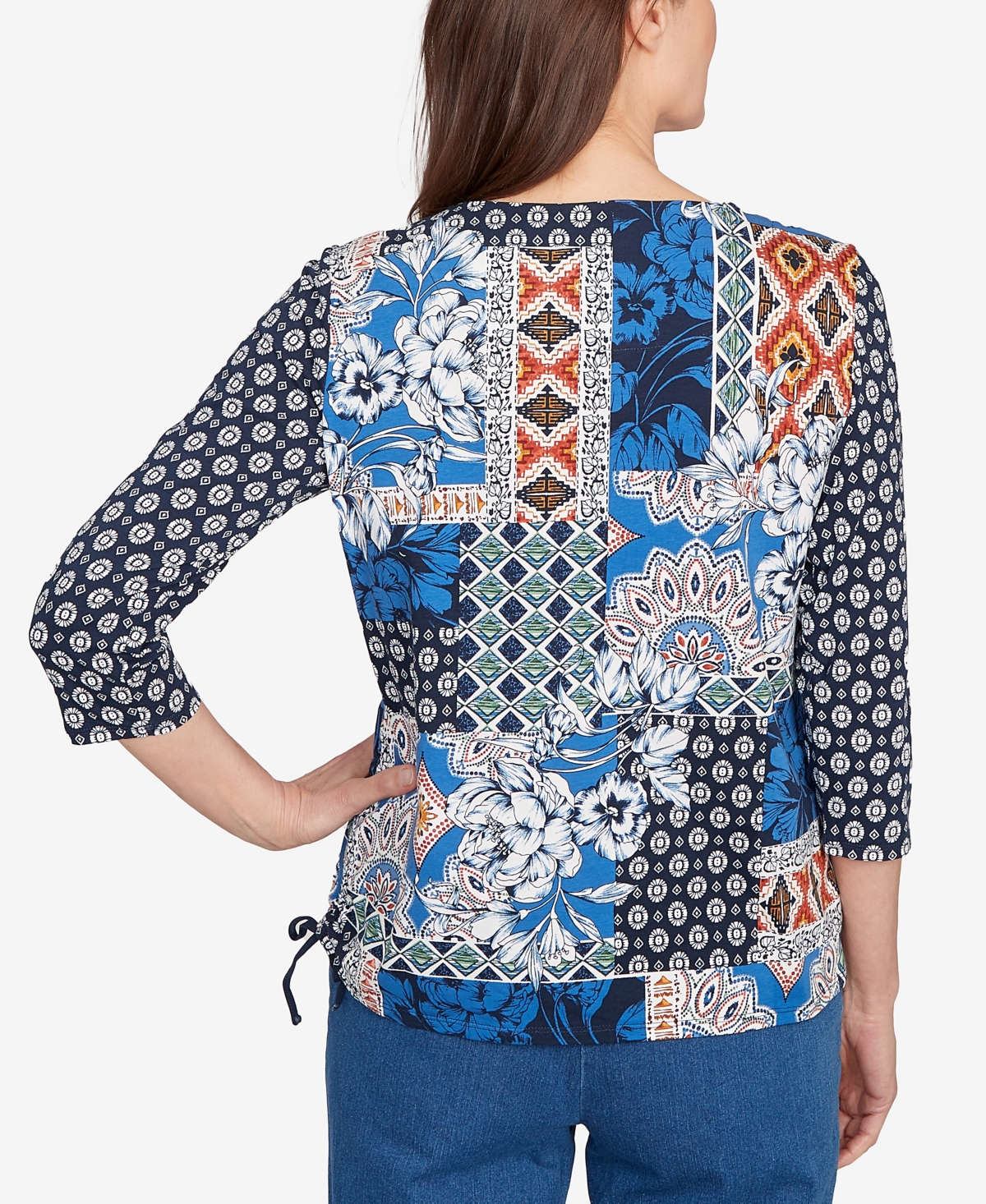 Alfred Dunner Petite Batik Patchwork Drawstring Closure Top In Multi