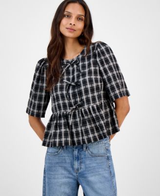 And Now This - Women's Plaid Tie-Front Peplum Top