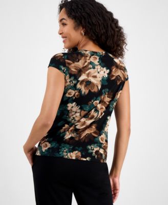 Women's Printed Cowl Neck Cap Sleeve Top, Regular & Petites