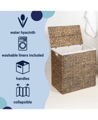 Sawyer 24" Classic Farmhouse Hand-Woven Hyacinth 2-Section Collapsible Laundry Hamper with Washable Liner