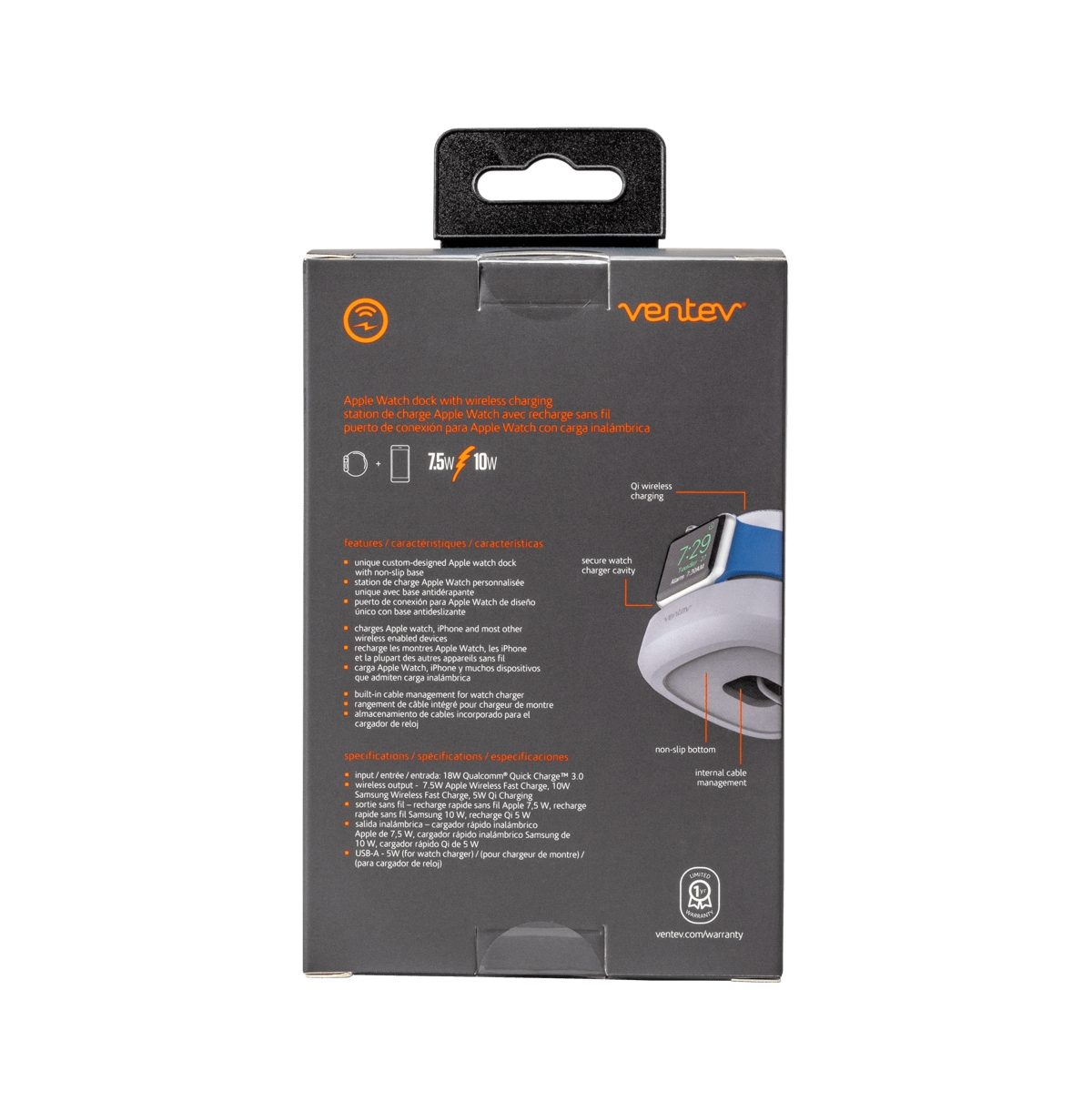 Ventev 10W Wireless Watchdock Duo Charging Pad and Apple Watch Charger-Gray