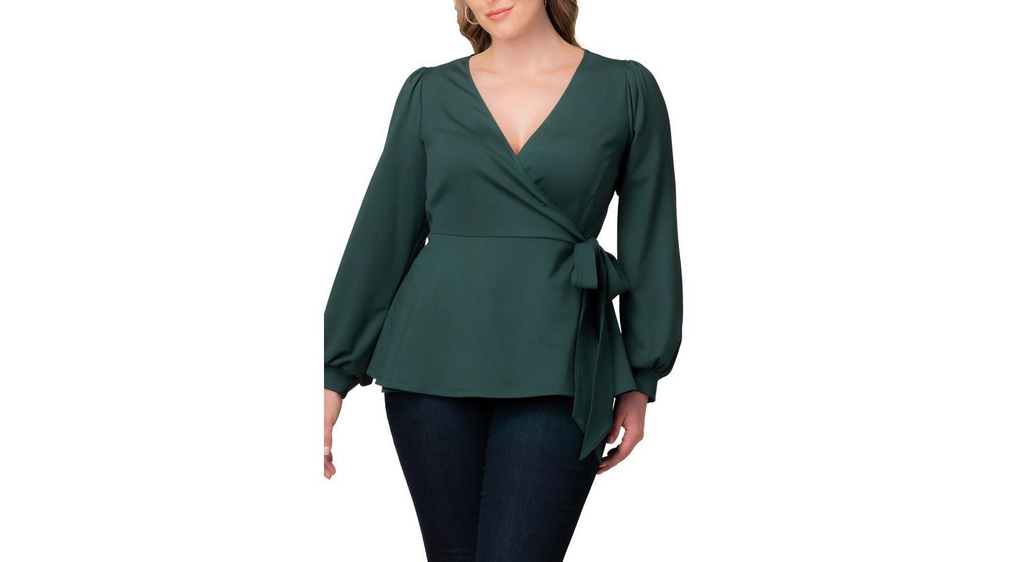 Женский топ Kiyonna Plus Size Natasha Long Sleeve Wrap, цвет: Тёмно-зелёный — фото 5