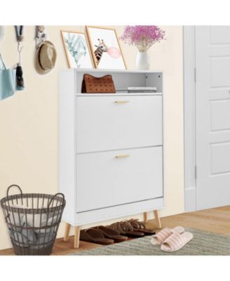 Freestanding Shoe Storage Cabinet with 2 Flip Drawers and Open Top Cubby Shelf