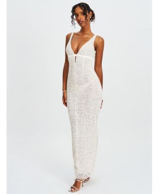 Women's Adelaide White Beaded Sequin Net Bodycon Gown