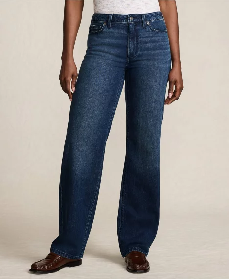 Petite Soft Denim Mid Rise Relaxed Straight Leg Jeans - Dark indigo blue wash