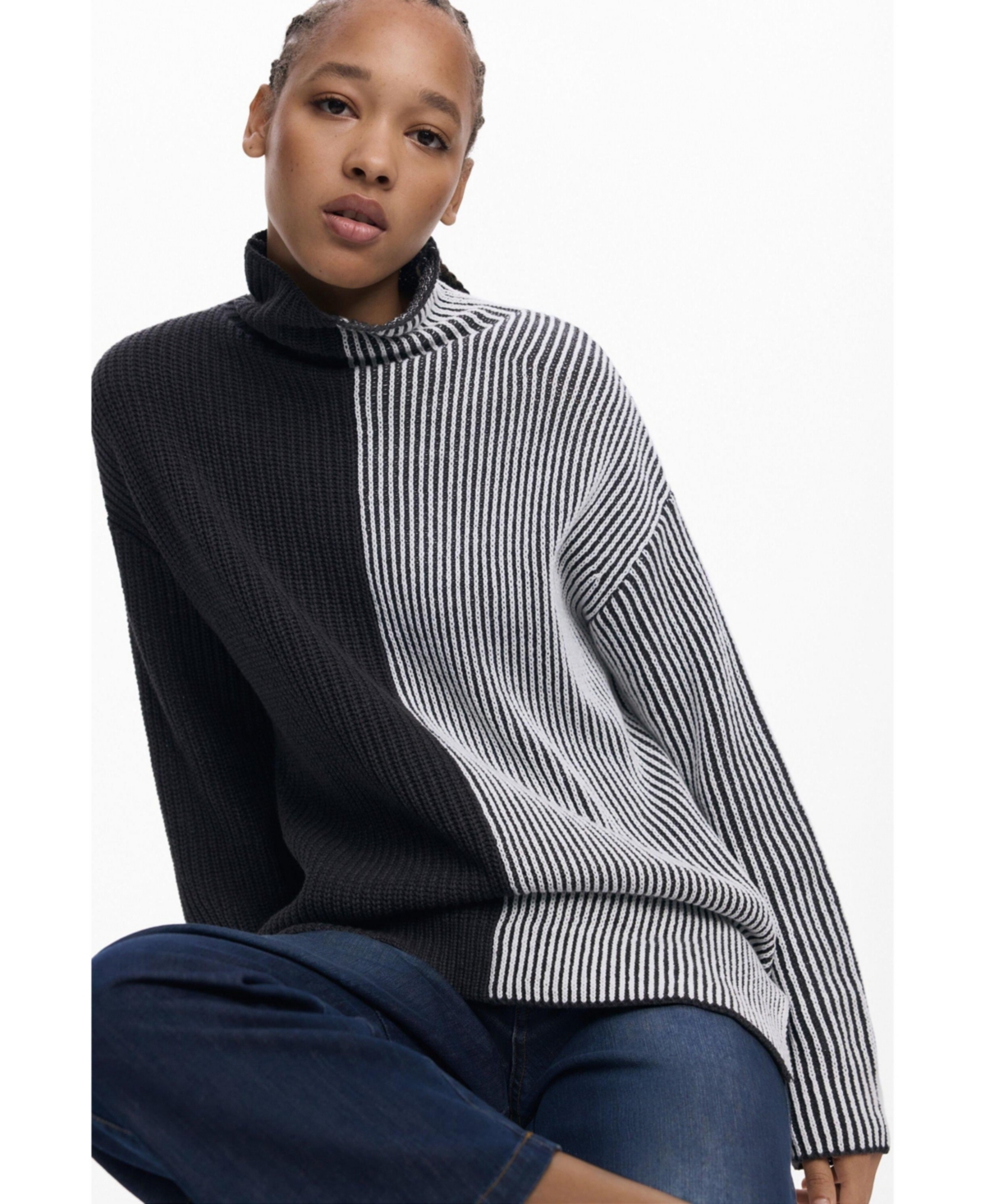 Desigual Women's Two-tone Striped Sweater In Gray