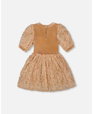 Big Girls Puff Sleeve Bi-Material Velour and Lace Dress Light Caramel
