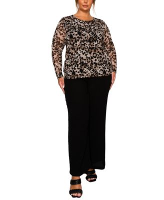 Plus Size Leopard Mesh Scoop Neck Long Sleeve Top