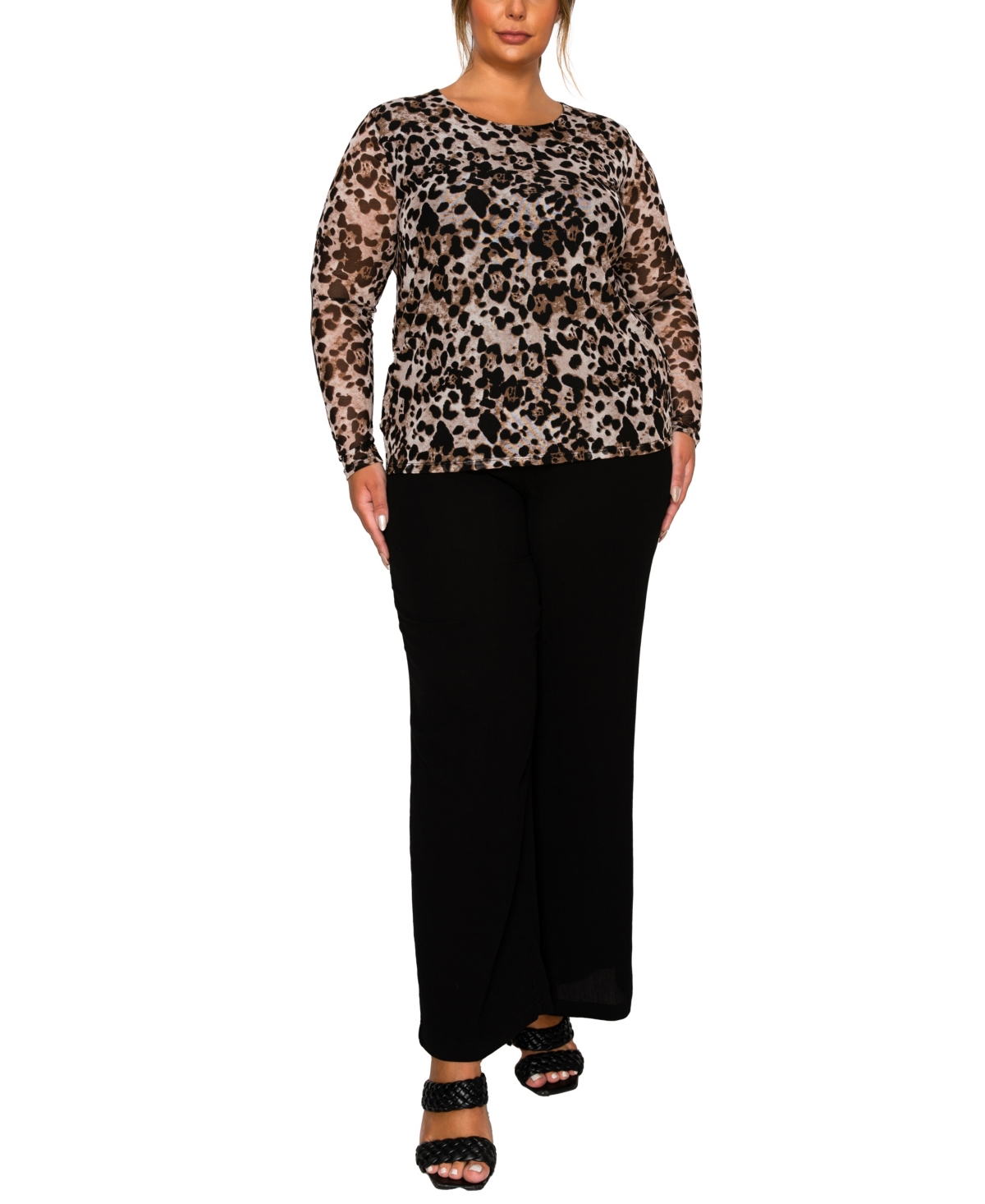 Coin 1804 Plus Size Leopard Mesh Scoop Neck Long Sleeve Top In Gray