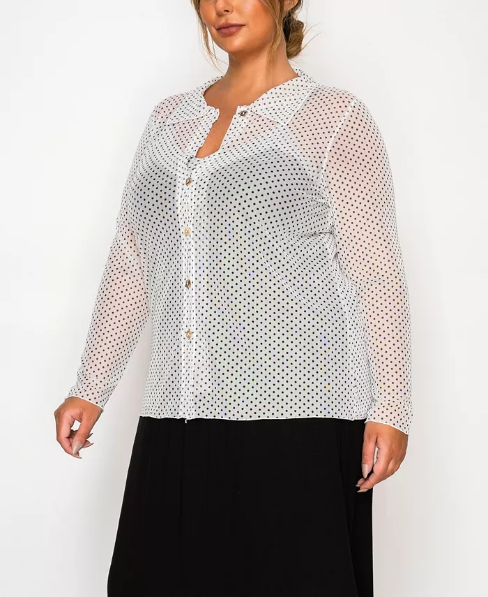 Plus Size Dot Mesh Button Front Long Sleeve Top - thumbnail 8