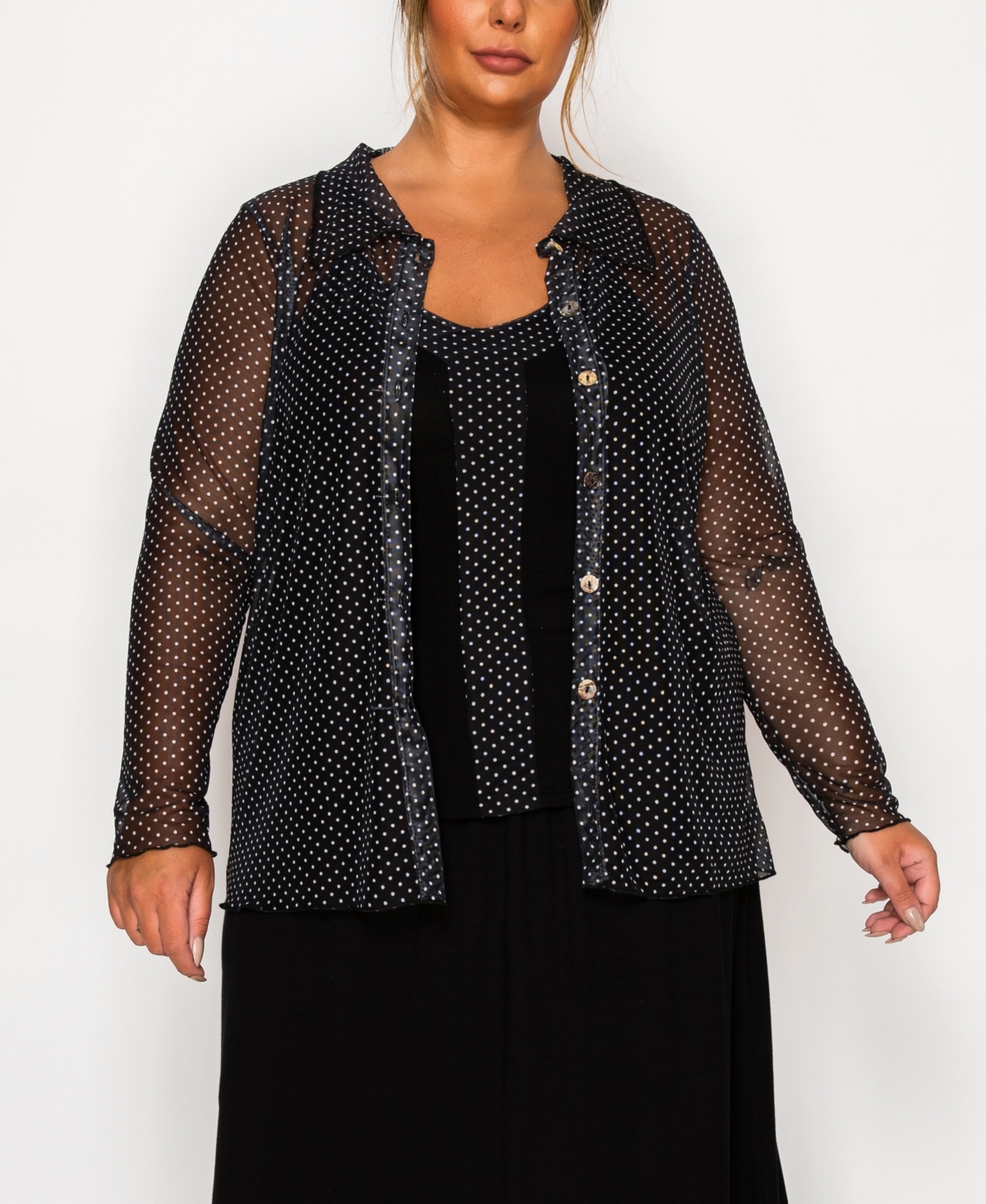 Coin 1804 Plus Size Dot Mesh Button Front Long Sleeve Top In Multi