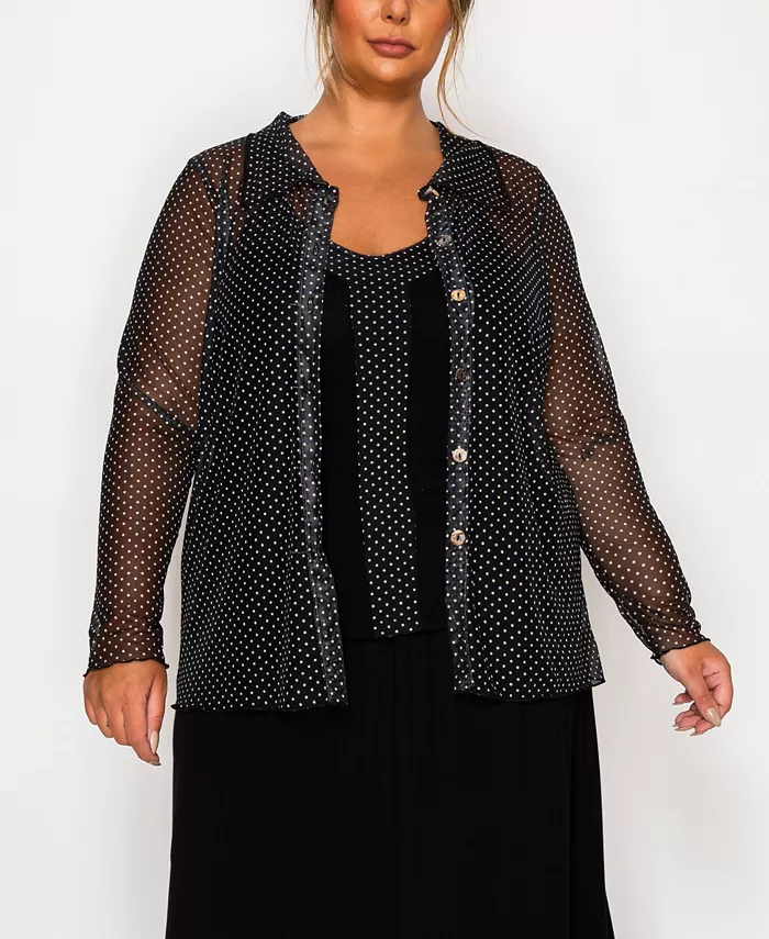 Plus Size Dot Mesh Button Front Long Sleeve Top - thumbnail 5