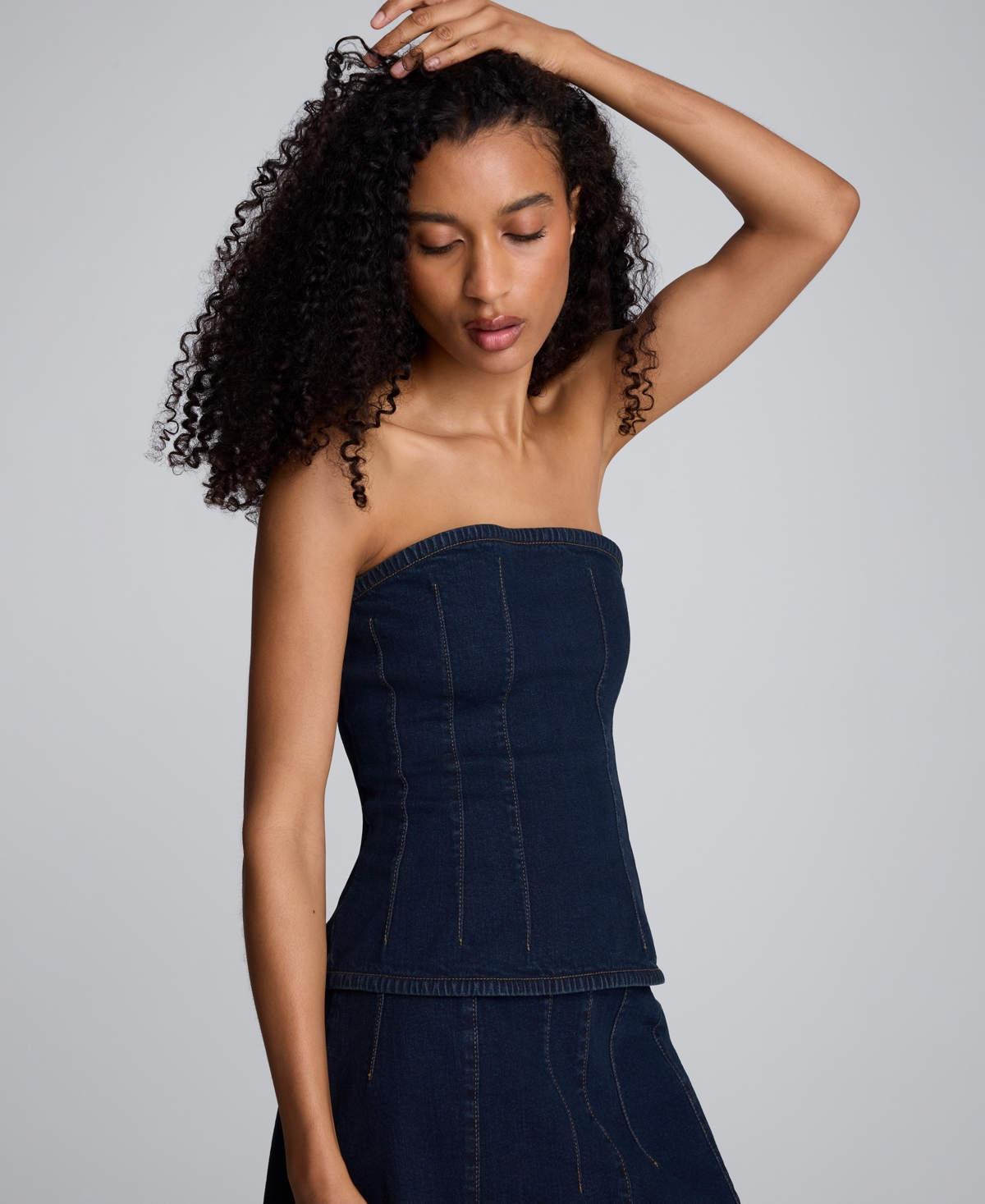 Kenneth Cole Denim Bustier Top With Smocking In Blue