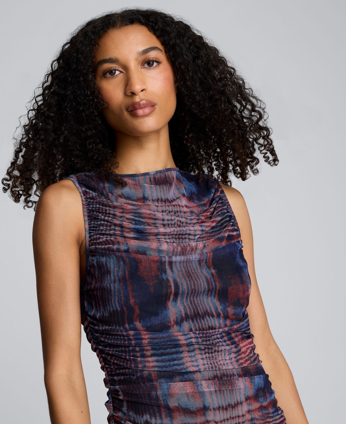Kenneth Cole Printed Mesh Fully Ruched Modern Midi Dress In Multi