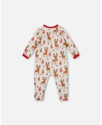 Baby Girl One-Piece Cotton Pajama Beige Girly Reindeer Print - Baby