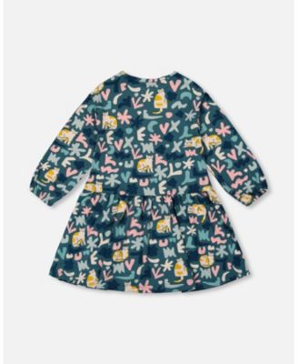 Big Girls Jersey Dress Green Cat Print