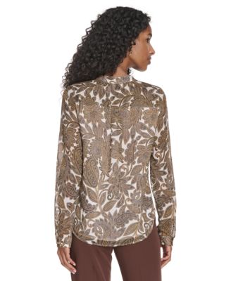 Women's Paisley Ruffle Long Sleeve Blouse