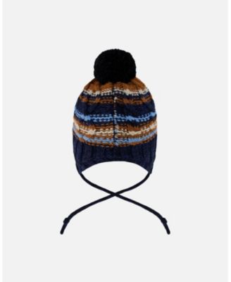 Boy Lined Peruvian Knit Winter Hat with Pompom Taupe and Navy - Toddler|Child