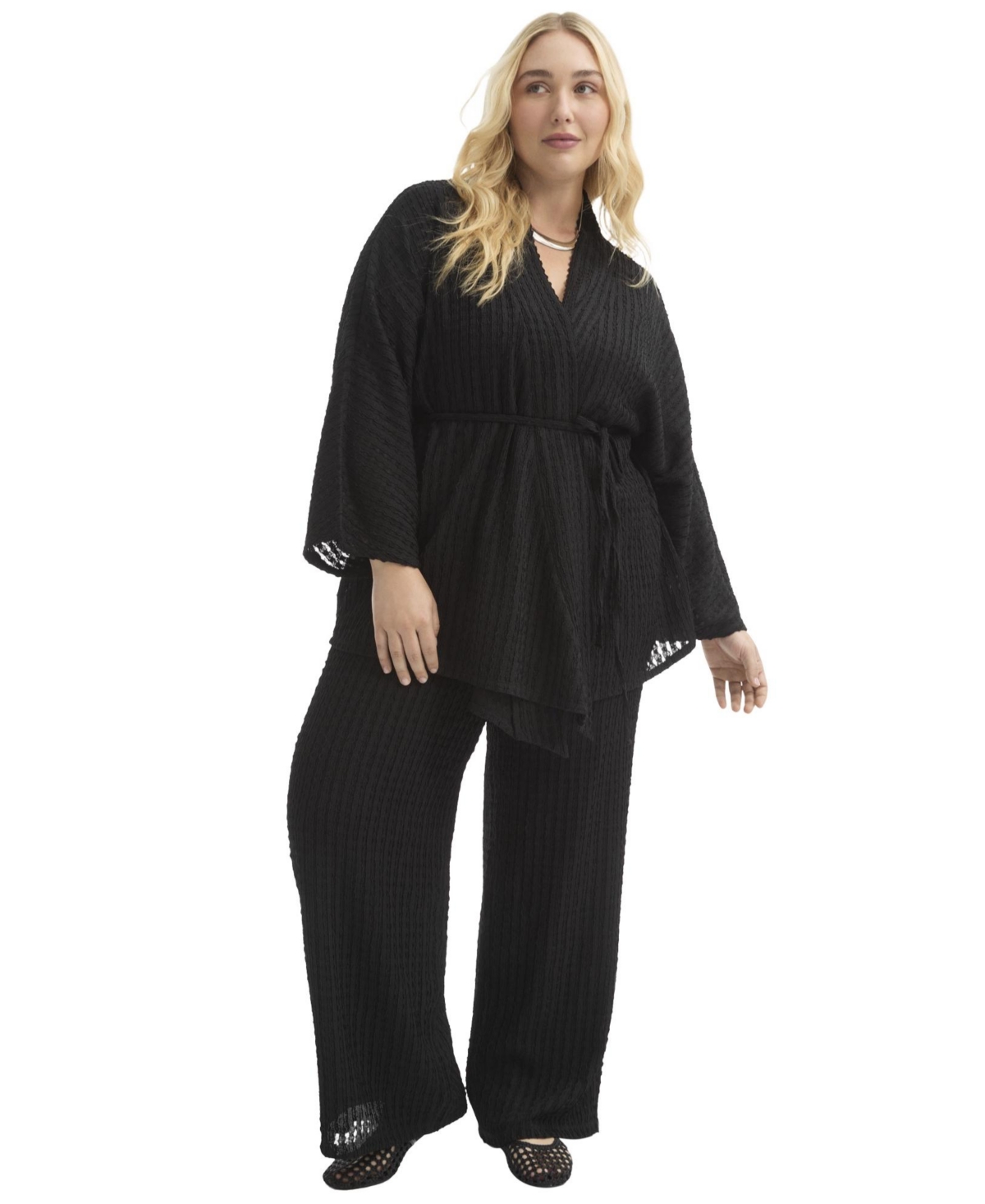 Women's Plus Size Tie Waist Knitted Kimono - Black onyx