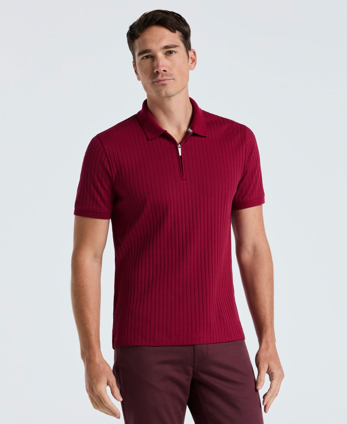 Men's Slim-Fit Ribbed-Knit 1/4-Zip Polo Shirt - Rumba Red