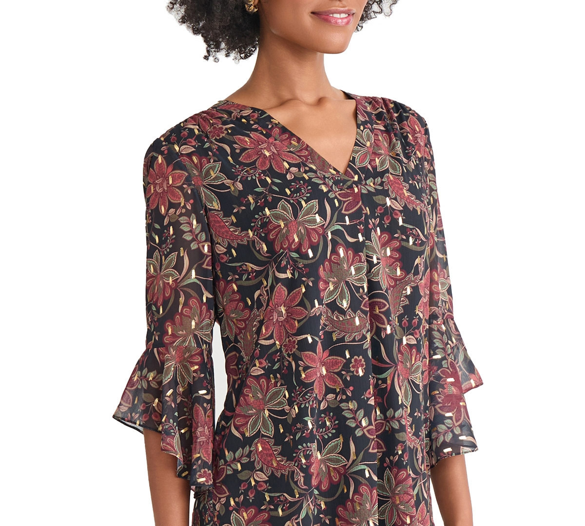 Jones New York Floral Flutter Sleeve Top In Black