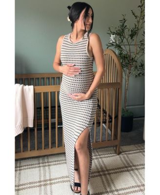 Maternity Beige Striped Knit Fitted Sleeveless Maxi Dress