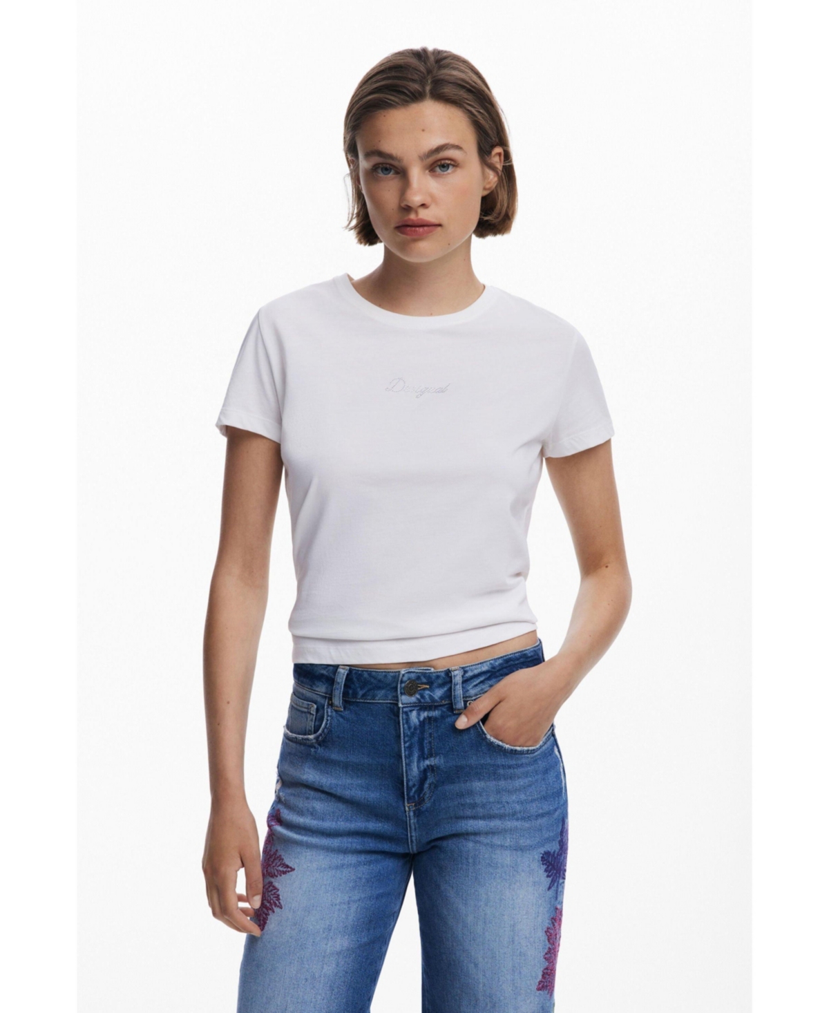 Desigual Leaf Embroidered Crop Wide Leg Jeans In Blue