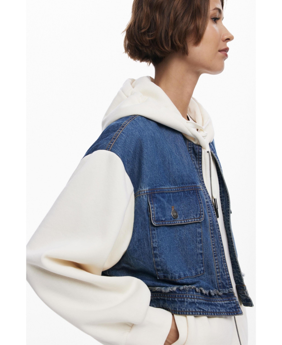 Desigual Denim Combo Full Zip Hoodie In Blue