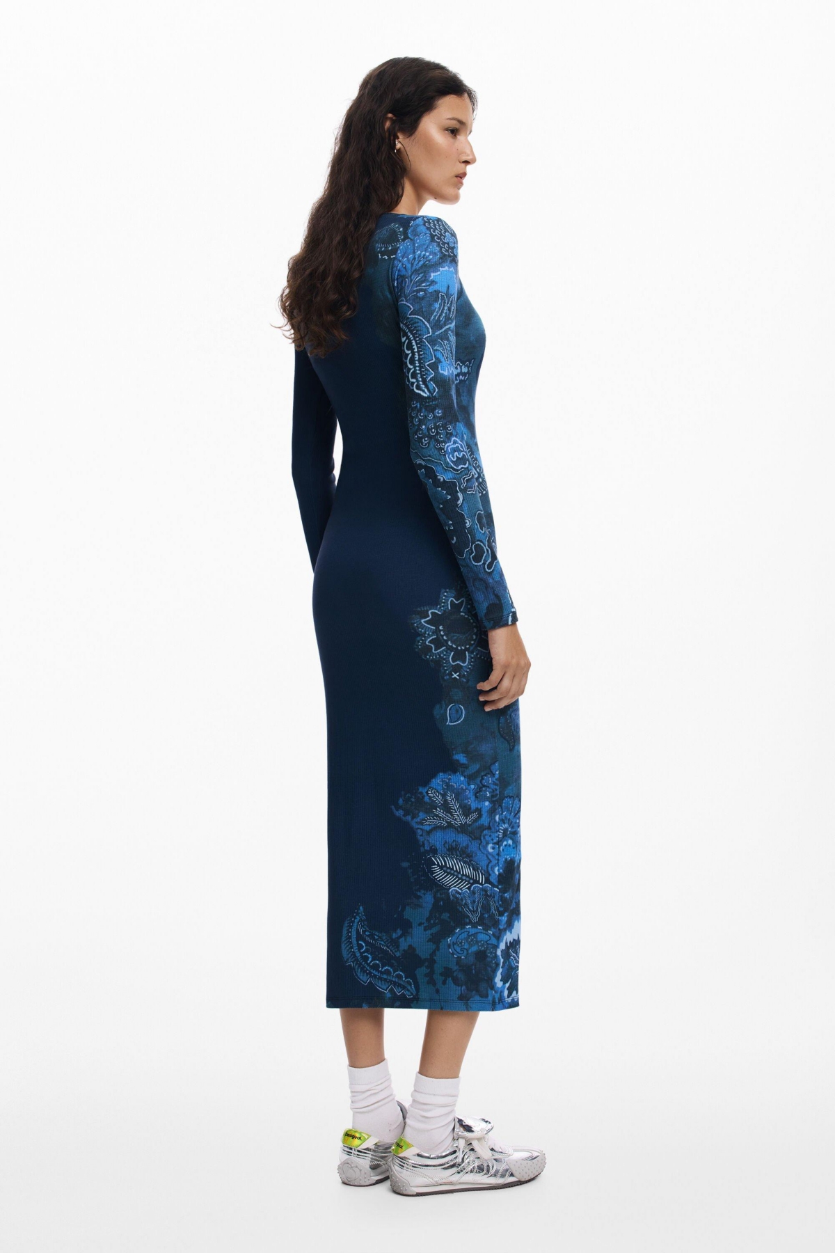 Desigual Floral Print Long Sleeve Midi Dress In Blue
