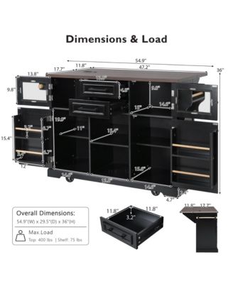 54.9" Kitchen Island with Drop Leaf, Power Outlet, Storage Cart with Glass & Barn Doors, 4 Shelves&Wheels (No Stools)
