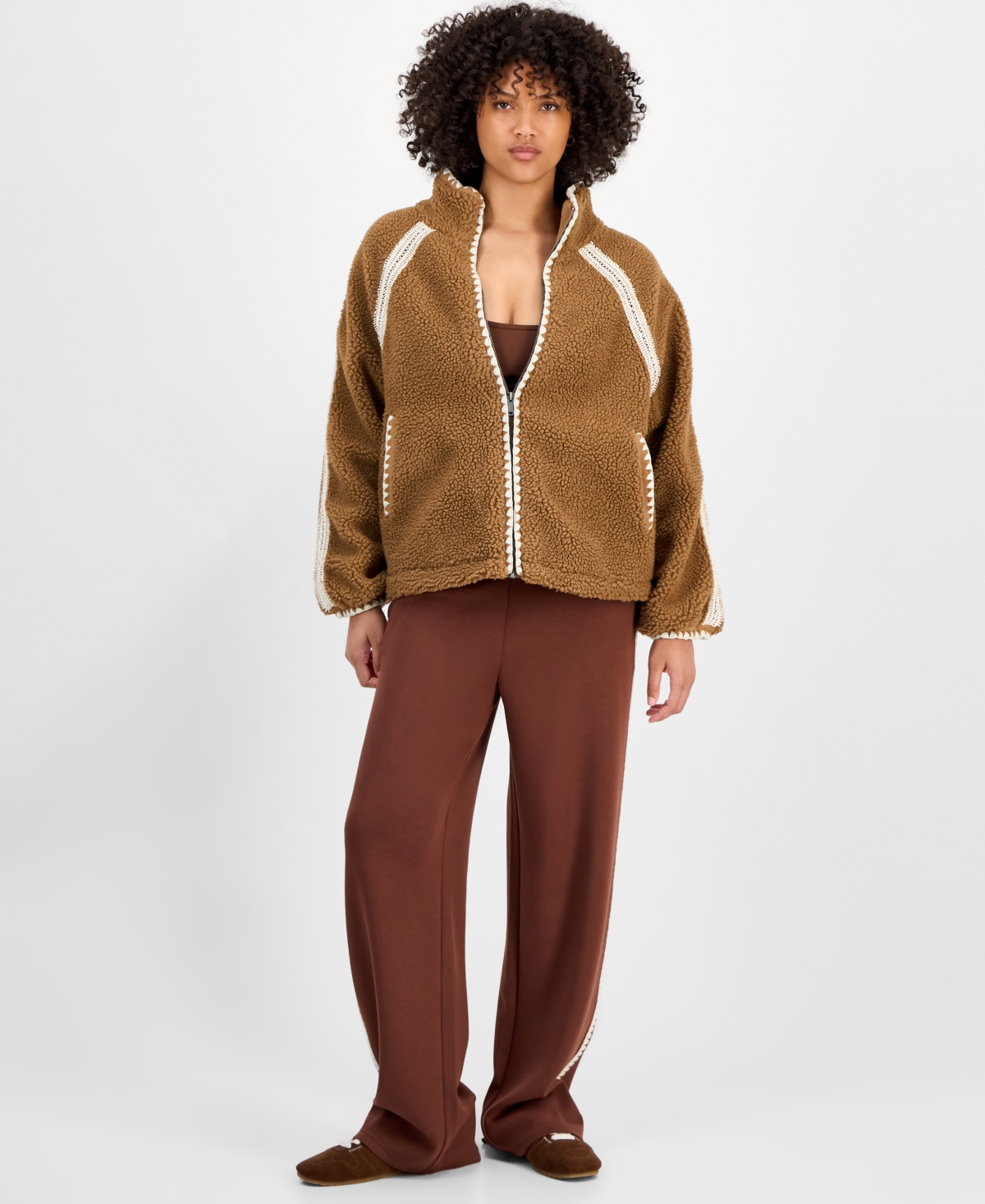 And Now This Women's Crochet-Trim Sherpa Fleece Jacket, Macy's Exclusive