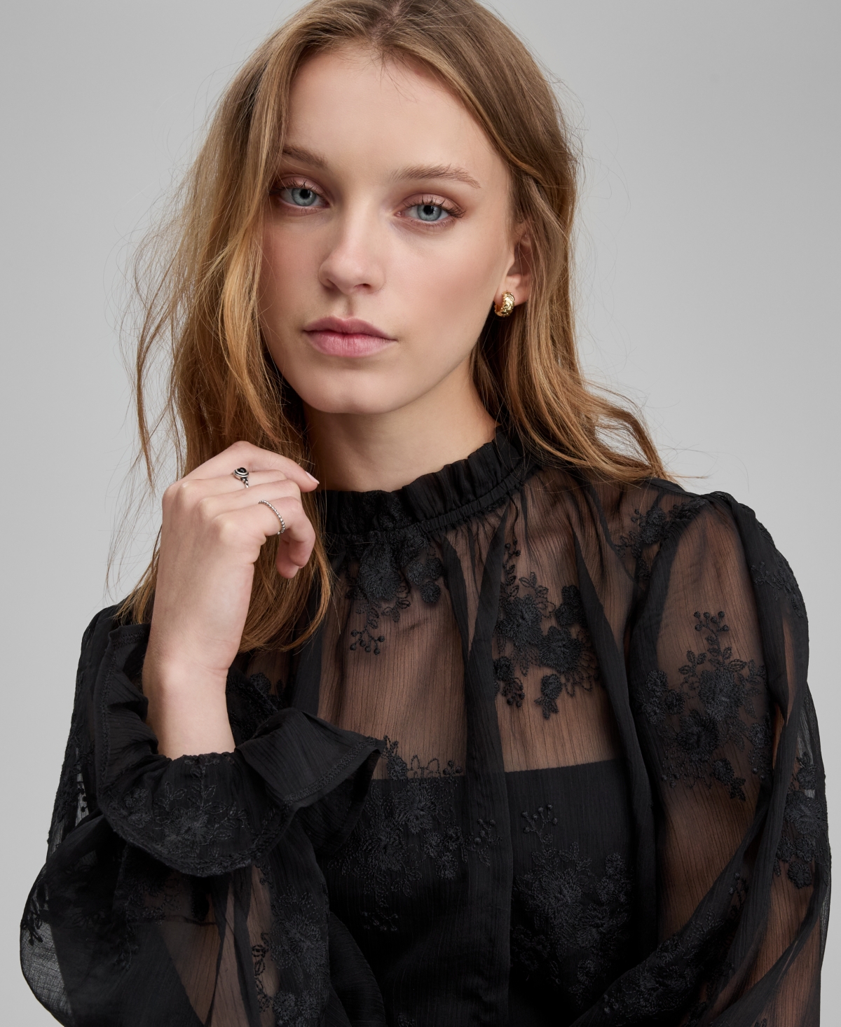 And Now This Women's Embroidered Sheer High-neck Blouse, Macy's Exclusive In Black