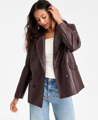 Bar III - Women's Faux-Leather Double-Breasted Blazer