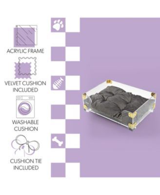 Haines 21.5" x 15.25" Small/Medium Modern Acrylic Velvet Pet Bed with Washable Cushion, Dark Gray/Clear