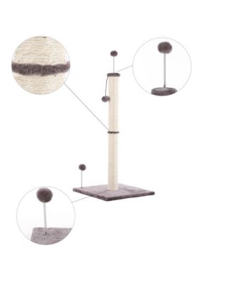 Rylie 38" Farmhouse Sisal Pillar Cat Scratching Post with Fuzzy Toys and Spring Balls, Gray/Cream