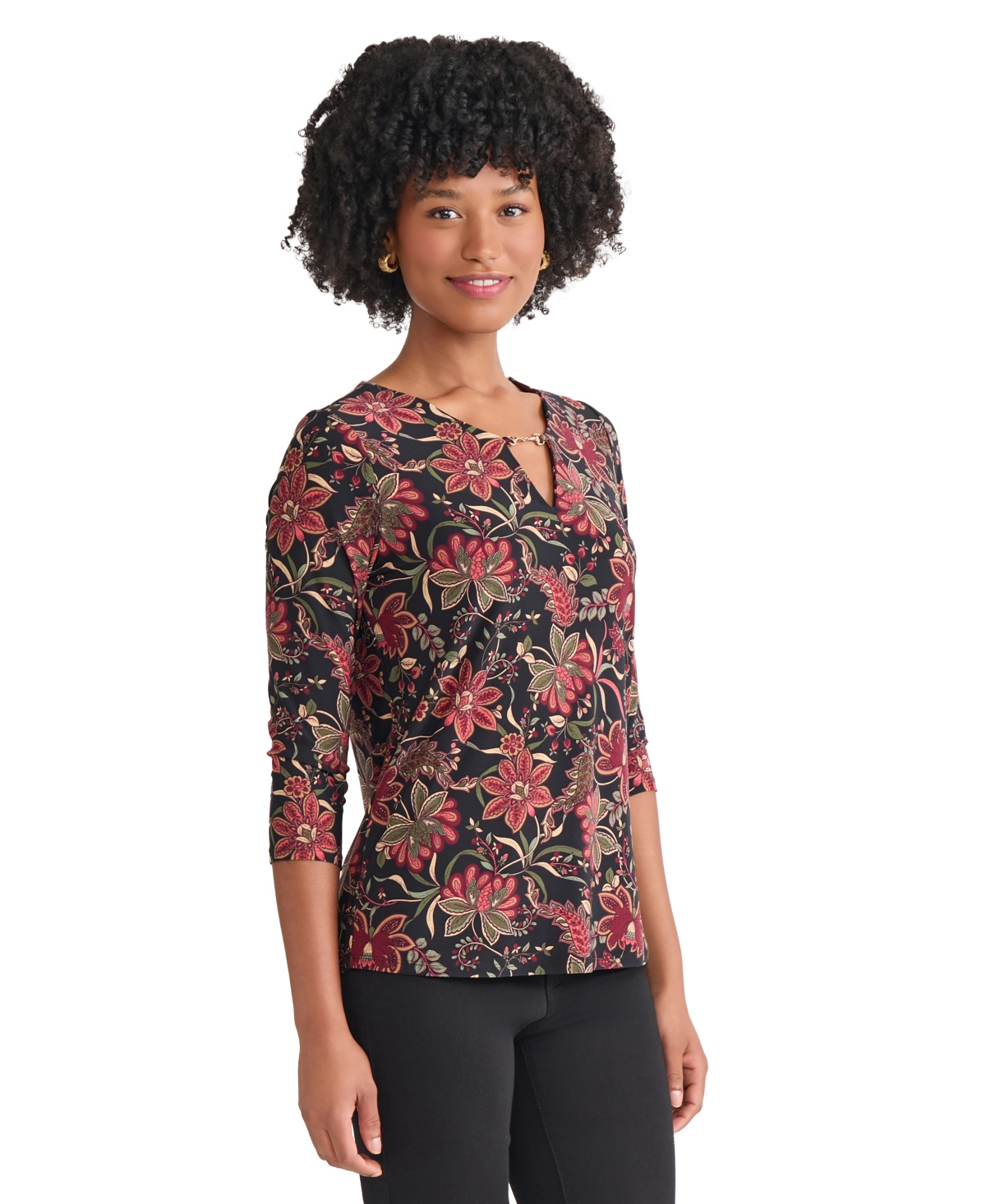 Jones New York Floral V-neck Jersey Top In Black